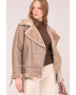 Faux Shearling Belted Aviator